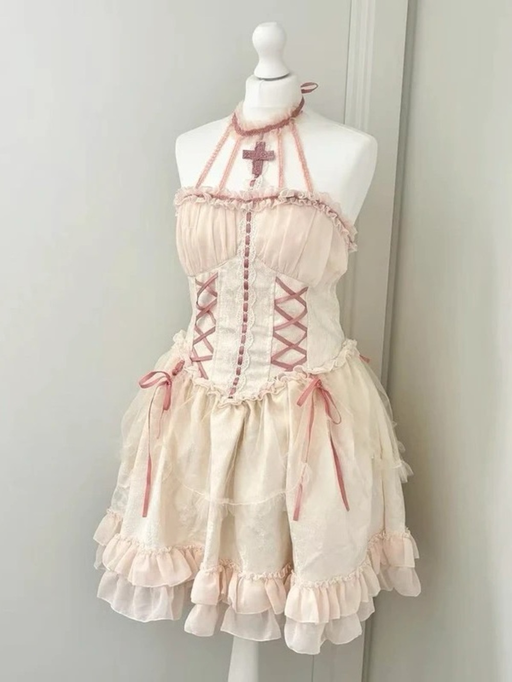 Soft Pink Ruffle Halter Corset Maxi Dress